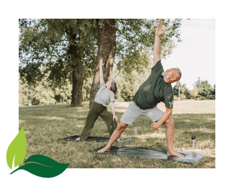 Casal sênior praticando exercícios no parque na oficina Autonomia e Independência